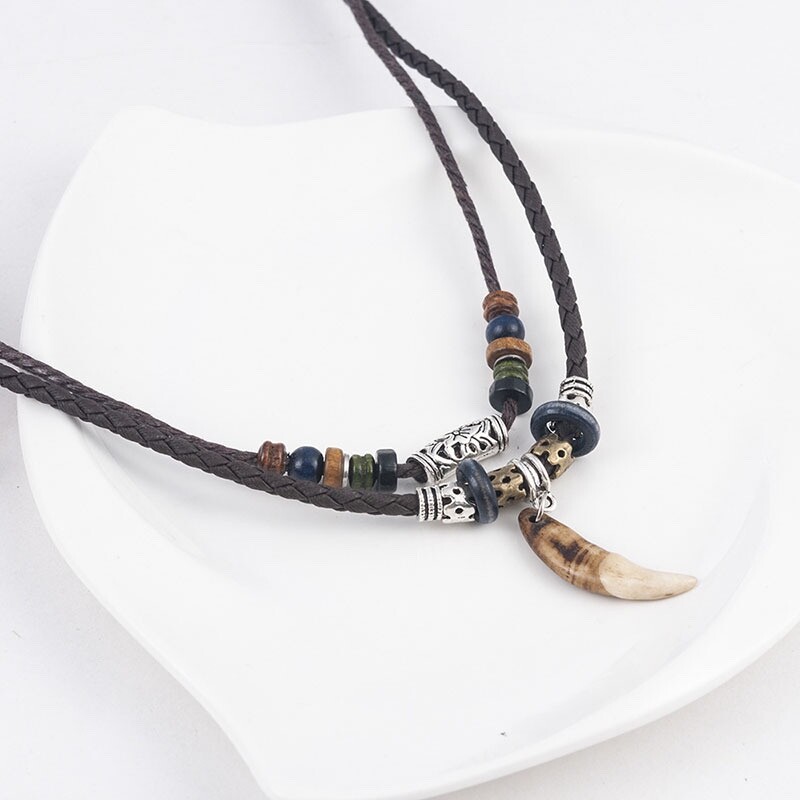 Men’s Fashion Jewelry Brown Leather Beaded Weave Rope Tooth Pendant Necklace 420