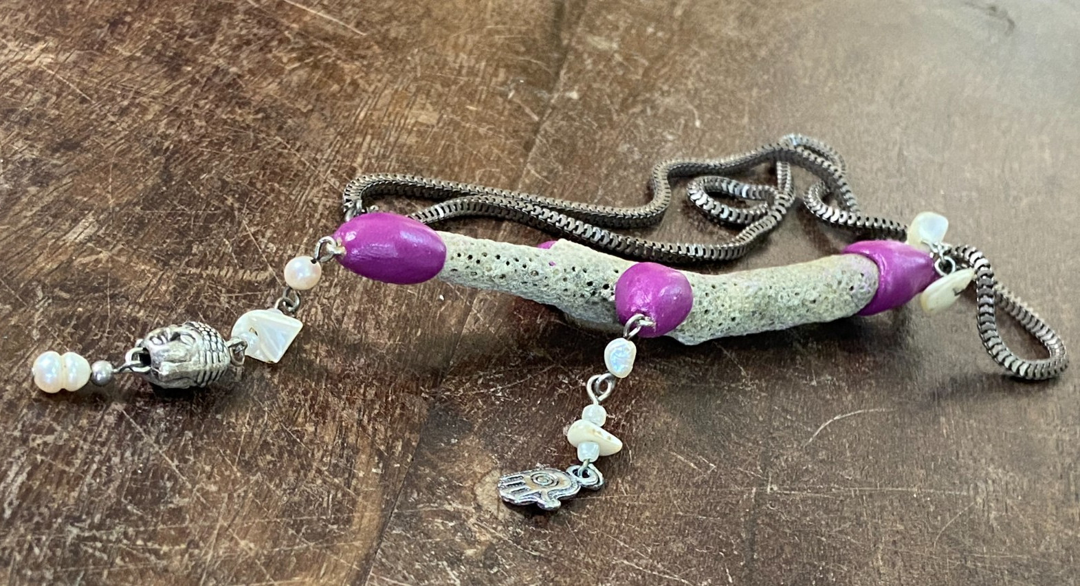 Handcrafted Coral Necklace with Purple Clay Accents and Spiritual Charms