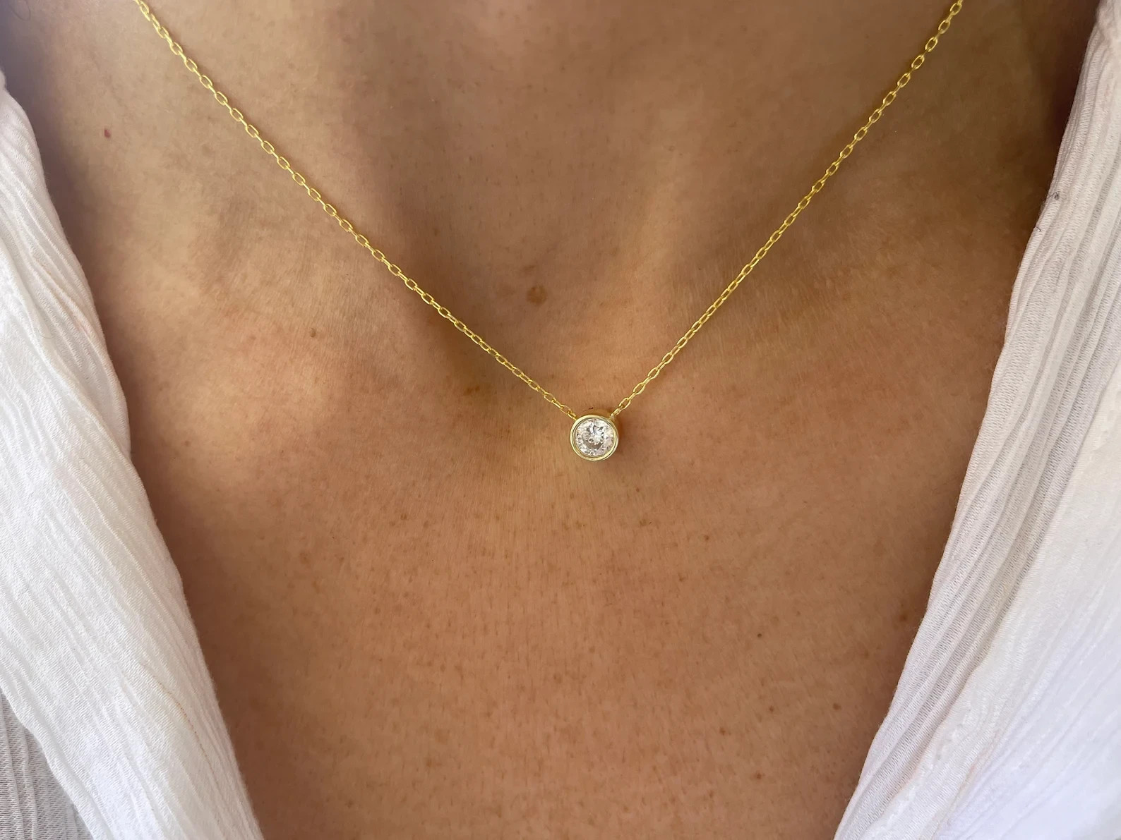 Lab Grown Diamond 1.00 Ct Round EF VS Solitaire Bezel Necklace 14K Yellow Gold