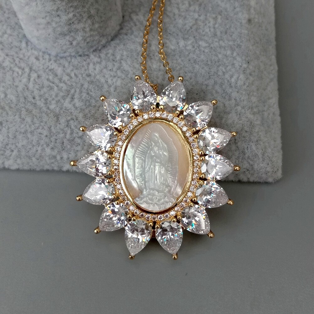 17.5″ White Shell Virgin Mary Clear CZ Micro Pave Oval Shape Pendant Necklace