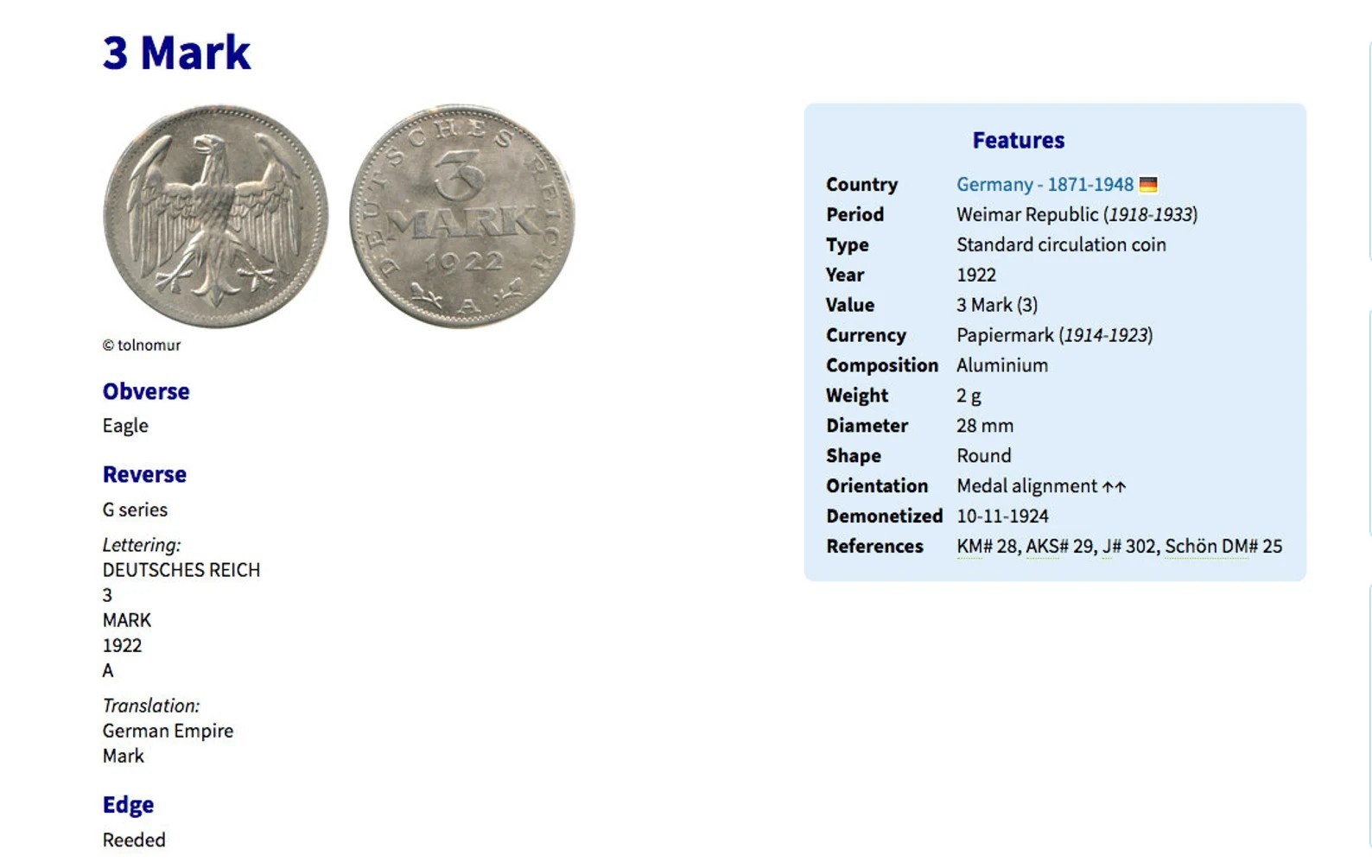 1922 Germany Deutschland 3 Mark coin pendant German eagle Weimar Berlin n002174