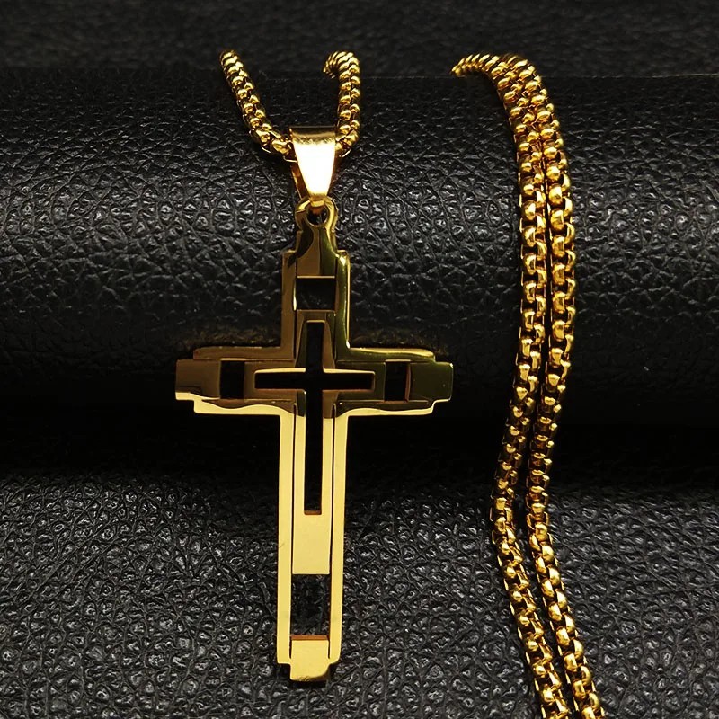 60cm Gold Stainless Steel Cross Necklace for Men Mens Chain Pendant Jewelry Gift