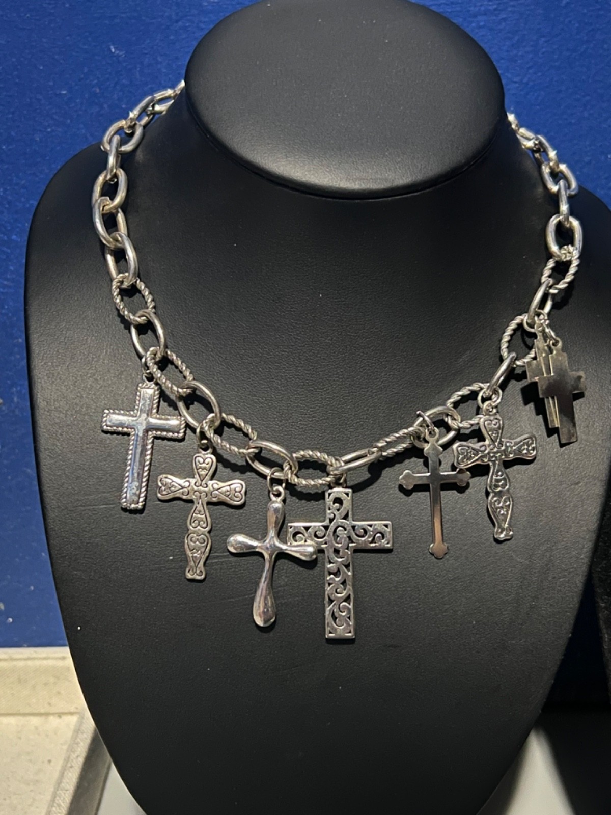 Silver-tone Various Cross Pendant Charms Chain-link Necklace