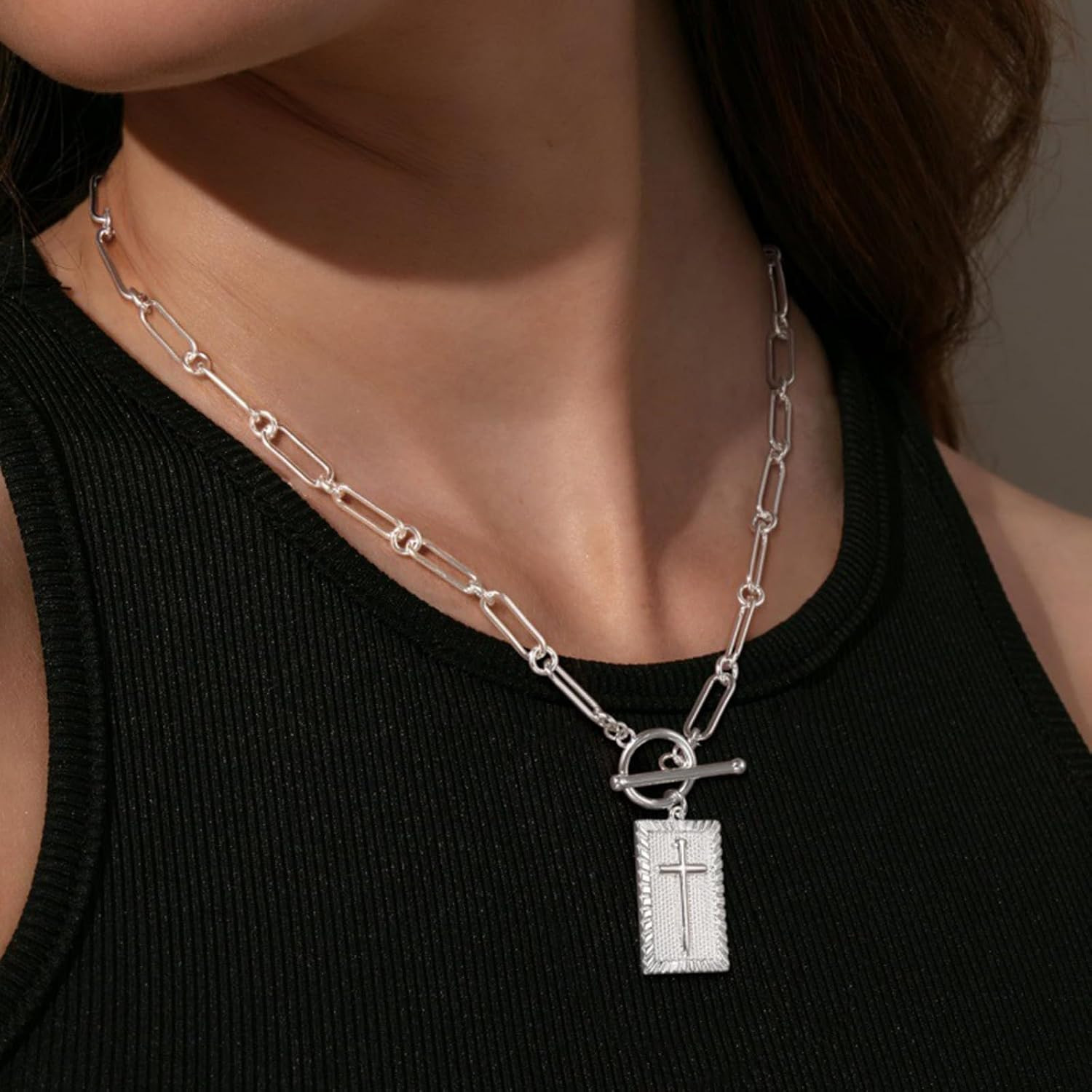 Paperclip Cross Pendant Necklace for Women Gold Toggle Clasp Rectangle Necklace
