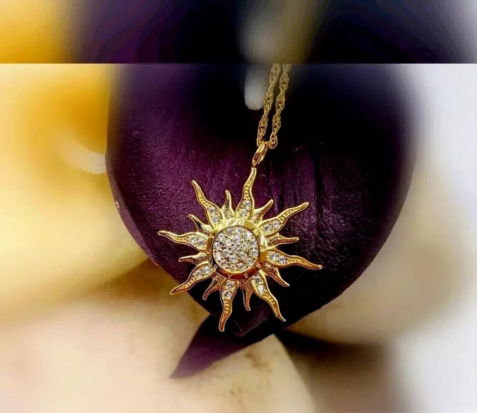 Women’s 14k Yellow Gold Plated 1.50Ct Round Simulated Diamond Sun Pendant Chain