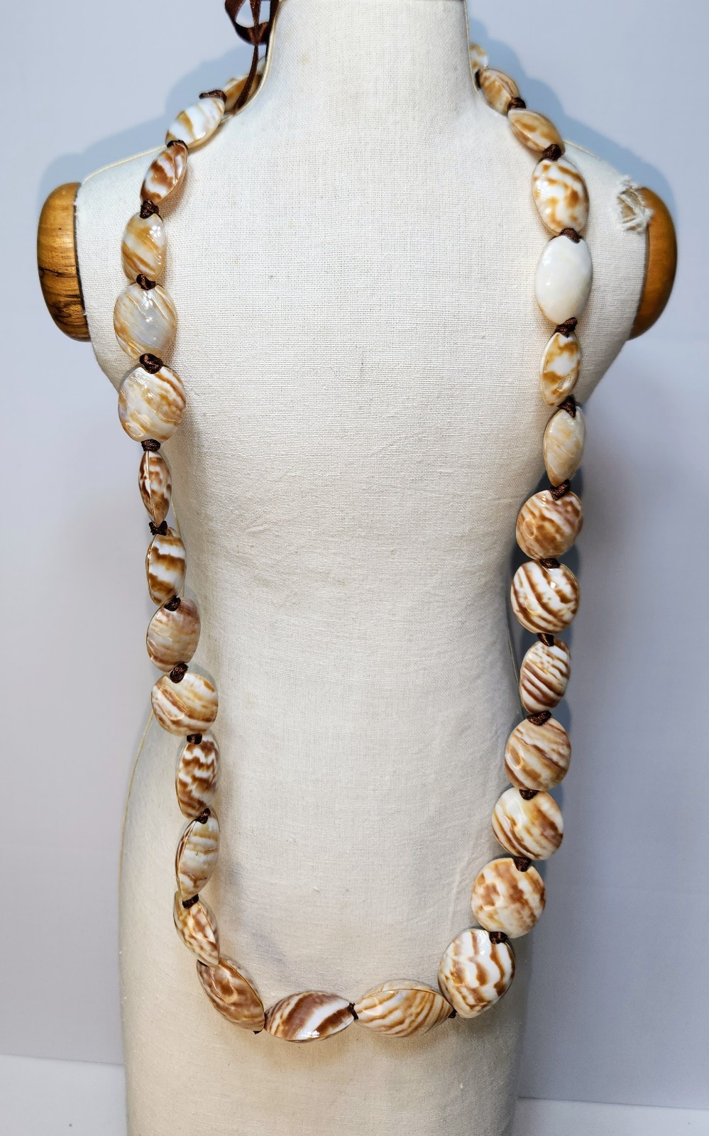 Long Brown & Ivory Marbled Shell Bead Statement Necklace