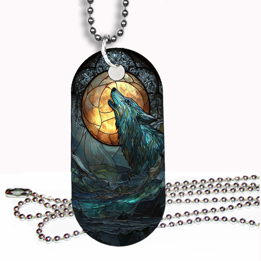 Faux Stained Glass Moon & Howling Wolf Dog Tag Necklace Military Style Dog Tag