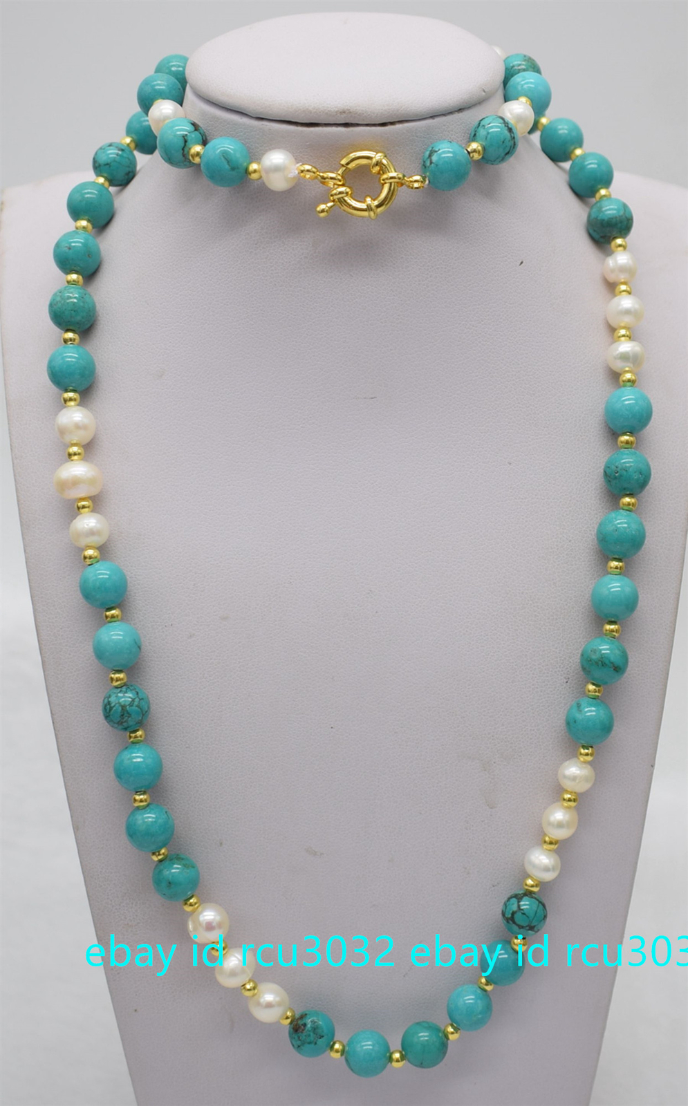 Natural 8mm Blue Turquoise & 7-8mm White Pearl Necklace Bracelet Set 20”