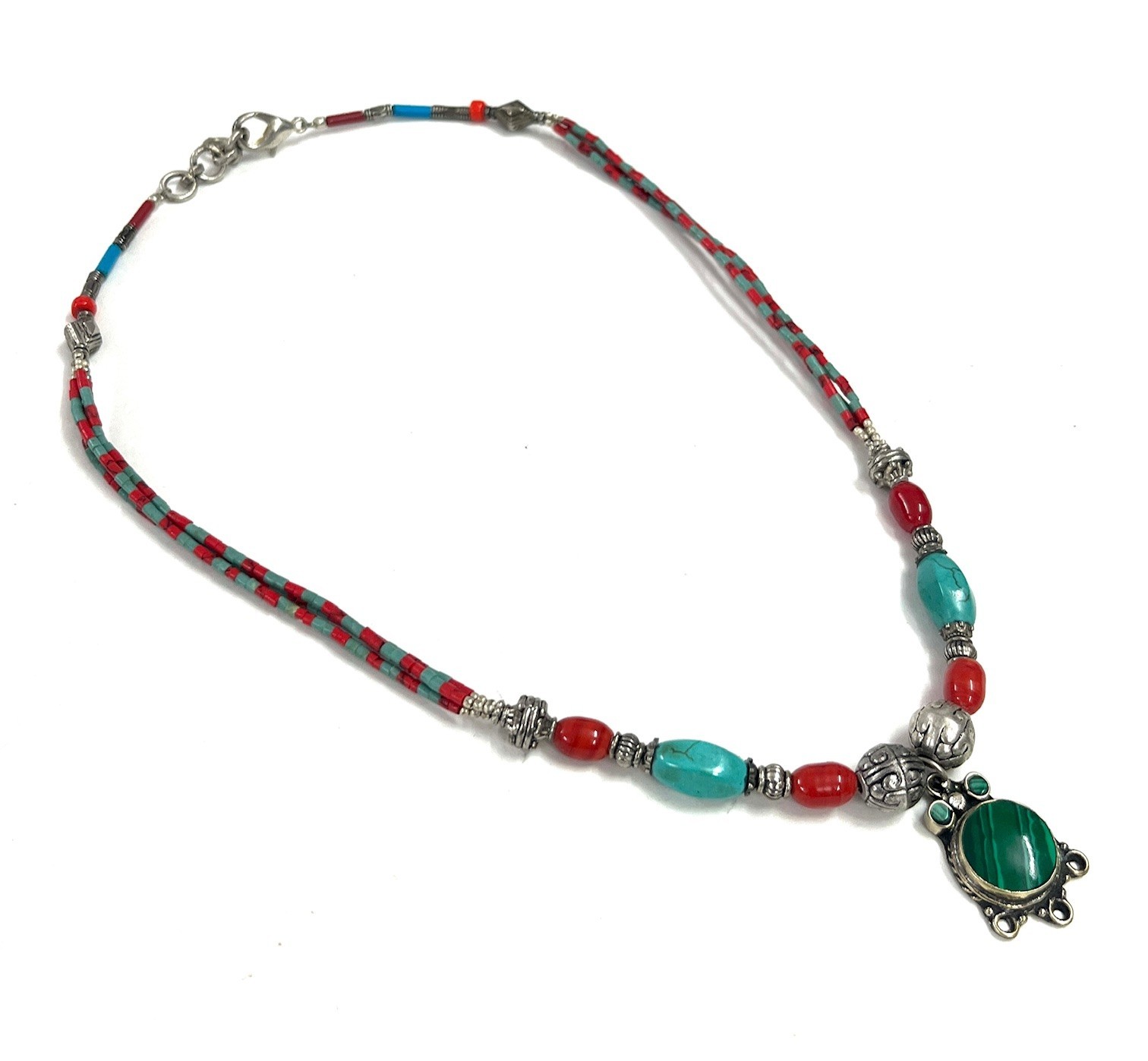 Turquoise Coral Gemstone Tibetan Statement Necklace Jewelry, 17 Inch Adjs