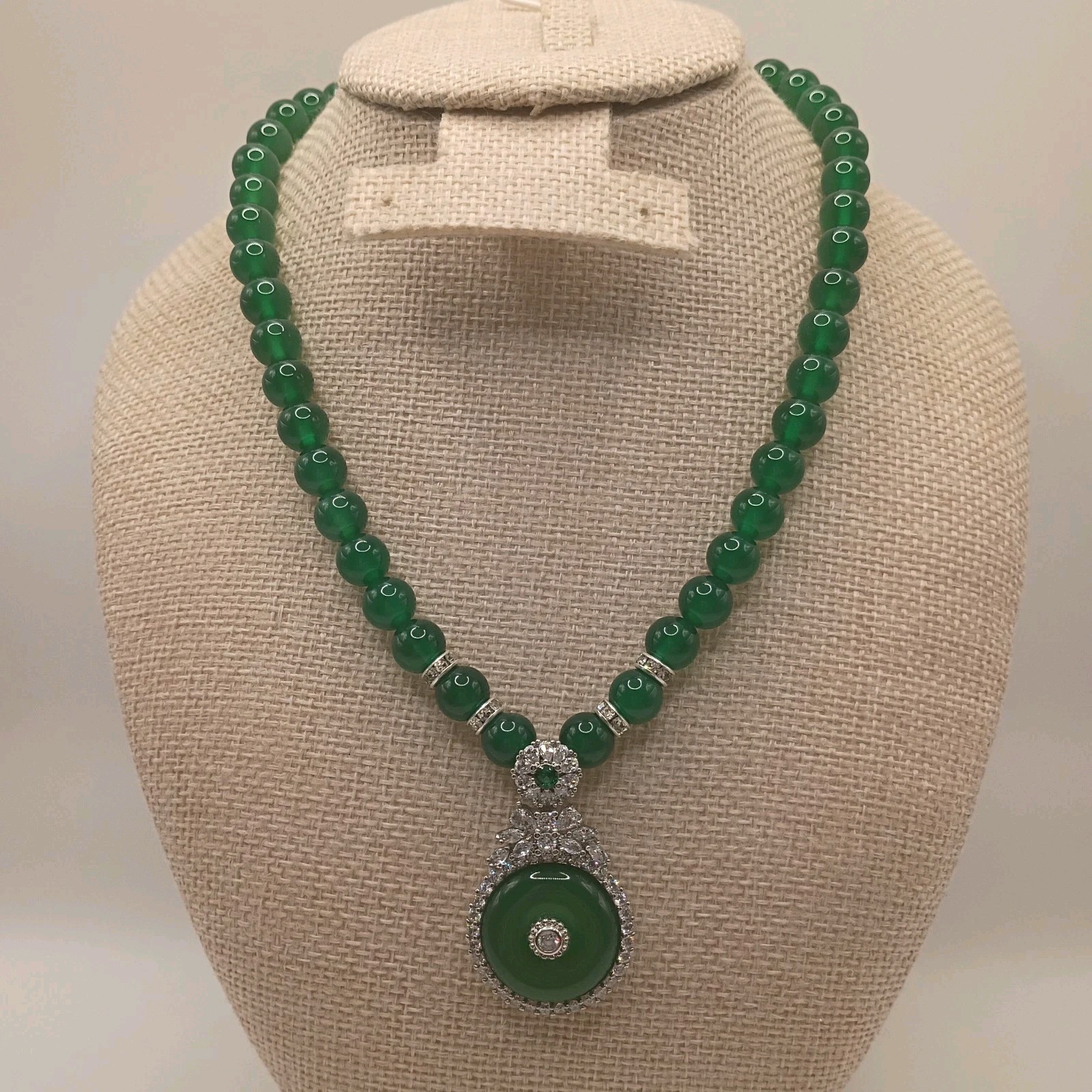 Green Agate Donut & Cubic Zirconia Halo Necklace Chinese Ping’an Kou 17″