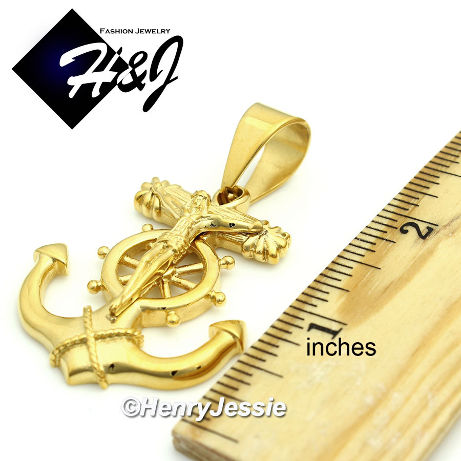 24″Stainless Steel 8mm Gold Plated Interlock Chain Anchor Cross Pendant*P58