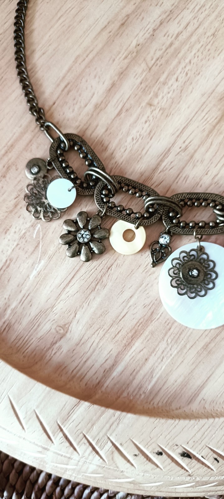 Vintage Boho Brass Charm Statement Necklace Mother of Pearl Floral Mixed Metal