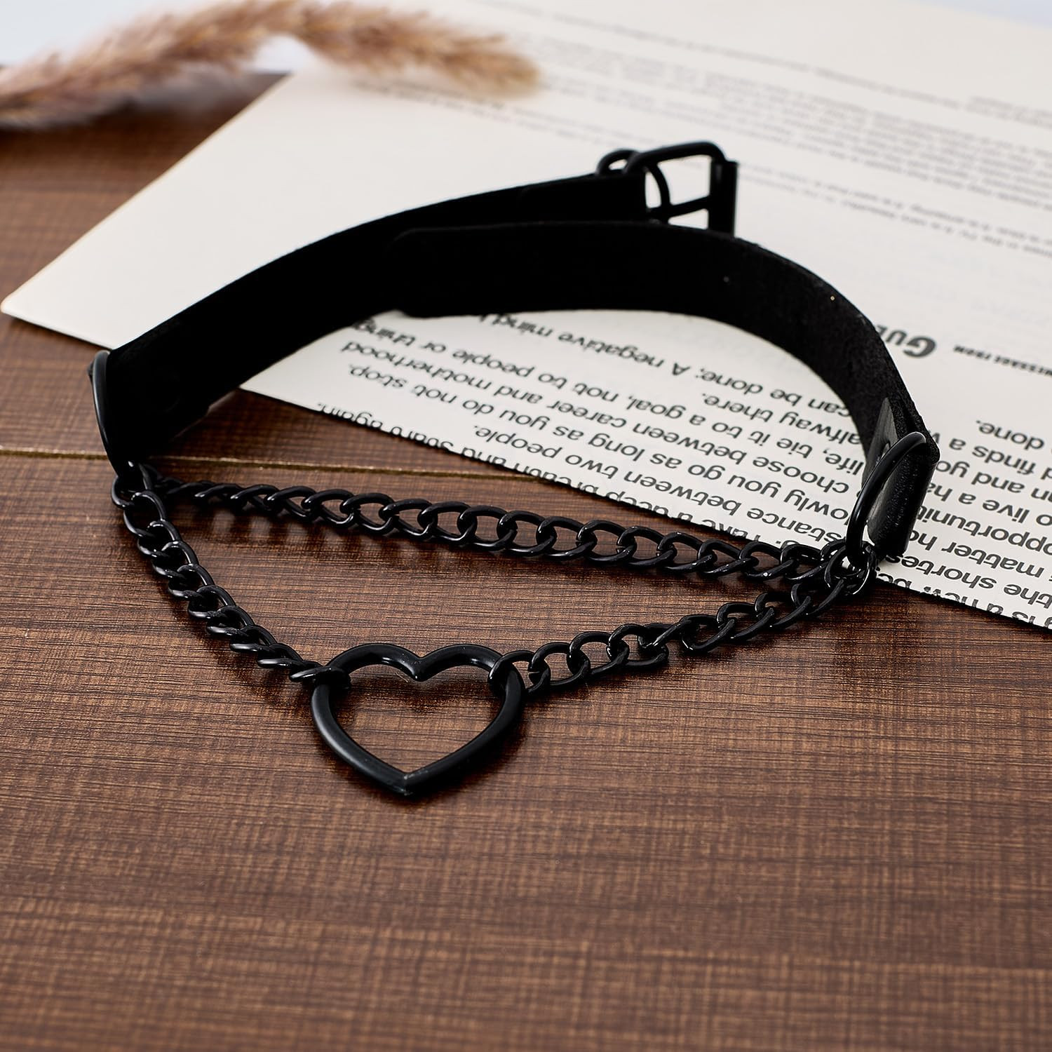 Heart Chain Choker Faux Leather Necklace Black Gothic Pumk Grunge Necklace for W