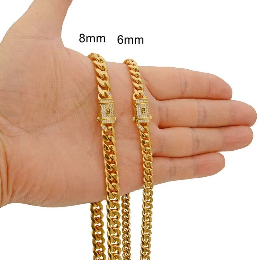 Stainless Steel 14k Gold Plated Miami Hip Hop Cuban Link Chain Necklace Bracelet