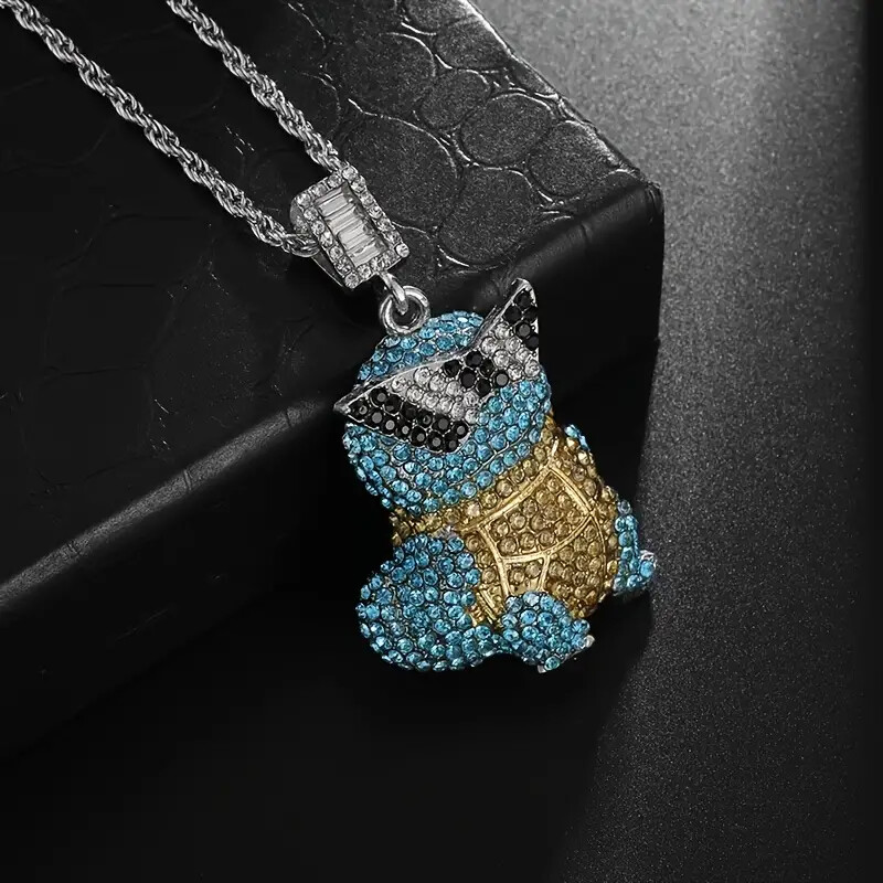 Squirtle Turtle Hip Hop Iced Cubic Zirconia Pendant Rope Chain Bling Necklace