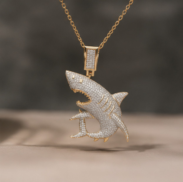 8Ct Round Cut Moissanite Shark Pendant 14K Yellow Gold Plated Hip Hop For Men