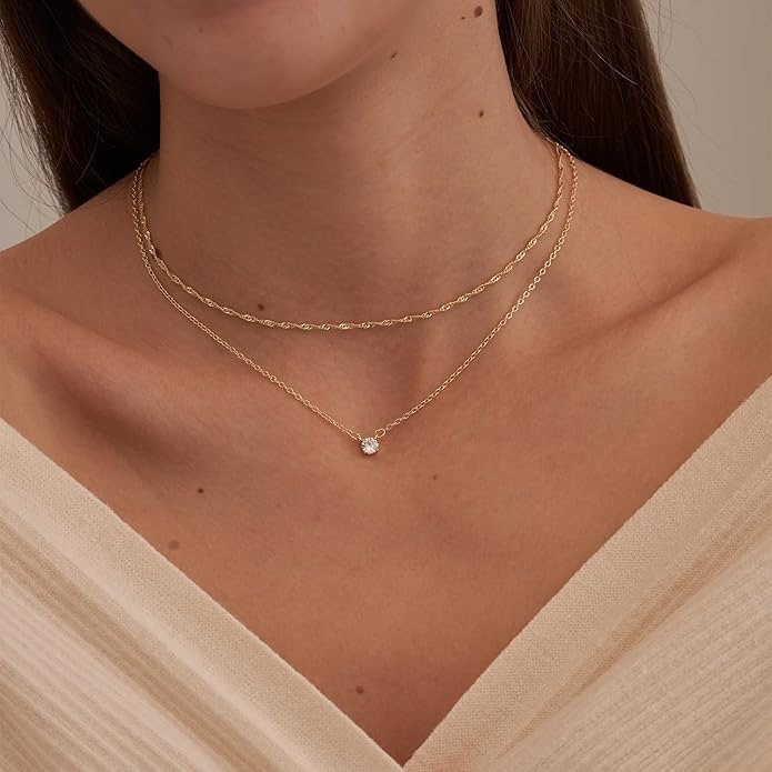 Dainty 14k Gold Plated & Silver CZ Necklaces for Women – Trendy Layered Jewelry