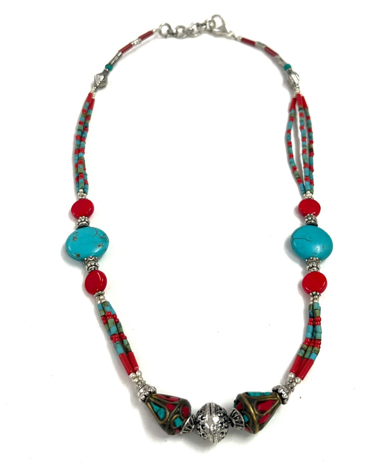 Tibetan Turquoise Coral Gemstone Handmade Necklace Jewelry, 18 Inch Adjs
