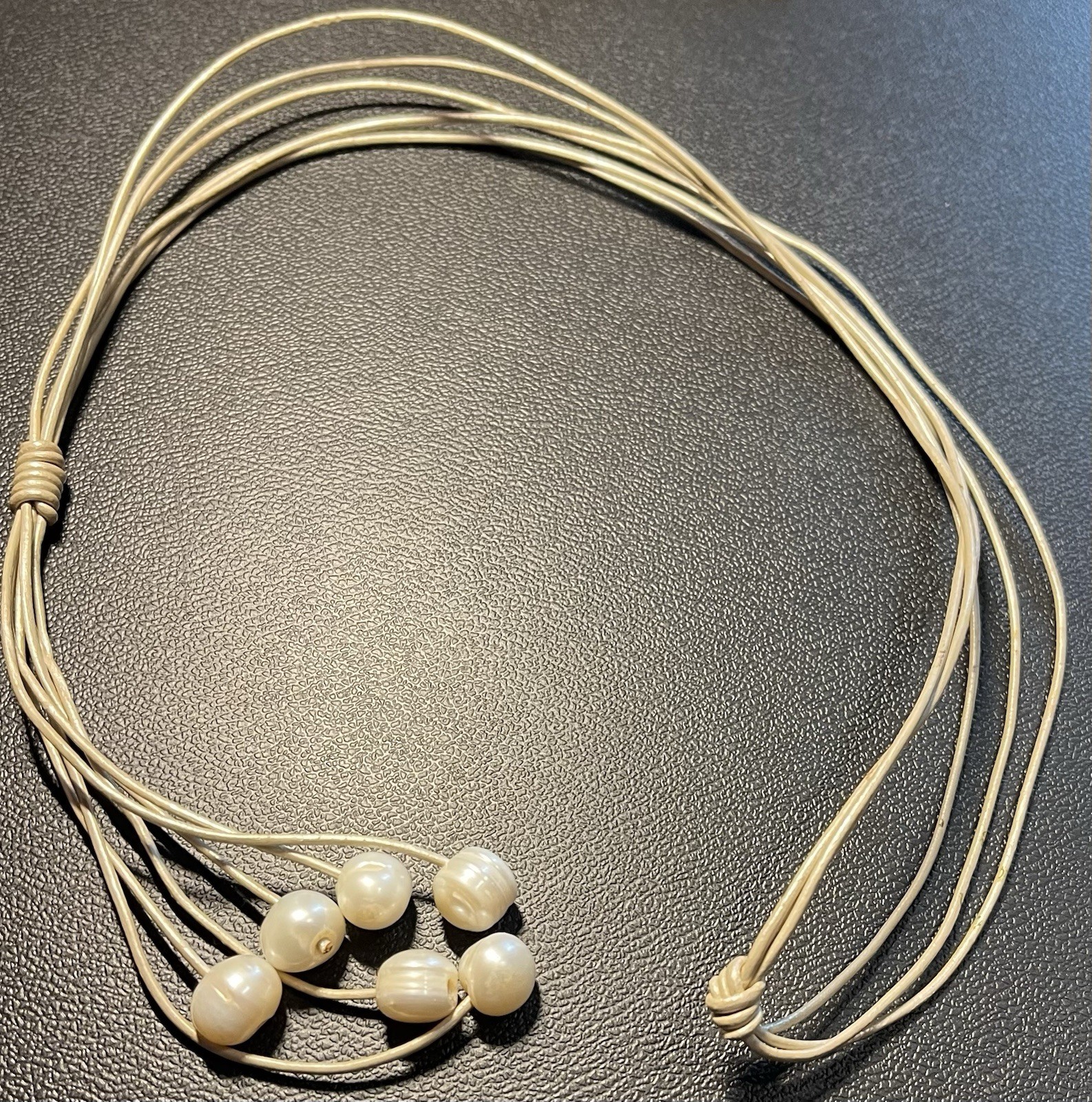 Vintage White 6 Pearl Necklace Beige Tassel Leather Rope Lariat Jewelry 38”