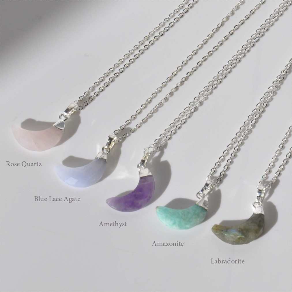 Amethyst Crystal Moon Pendant Necklace on silver plated chain 45cms brand NEW