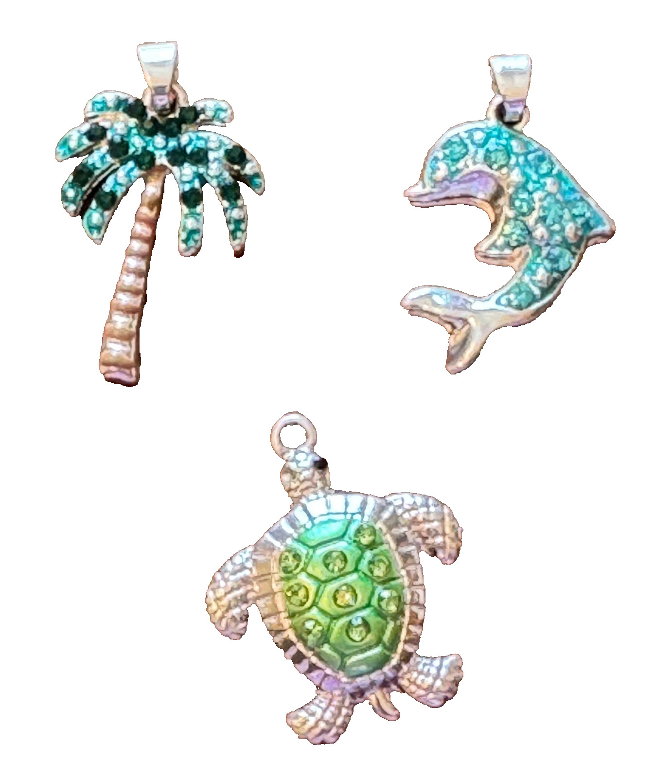 3 Beach Charms Pendants Silver Tone Rhinestone Sea Turtle Dolphin Palm Tree