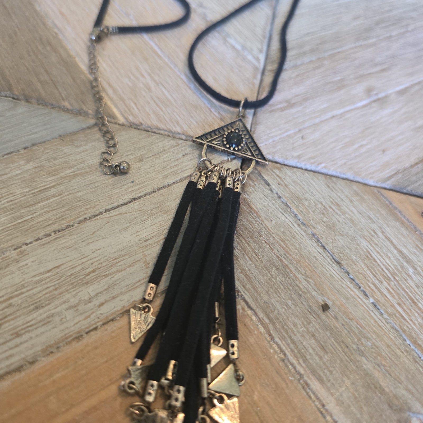 Tassel Fringe Pendant Black Color Faux Leather Long Necklace Gold Details