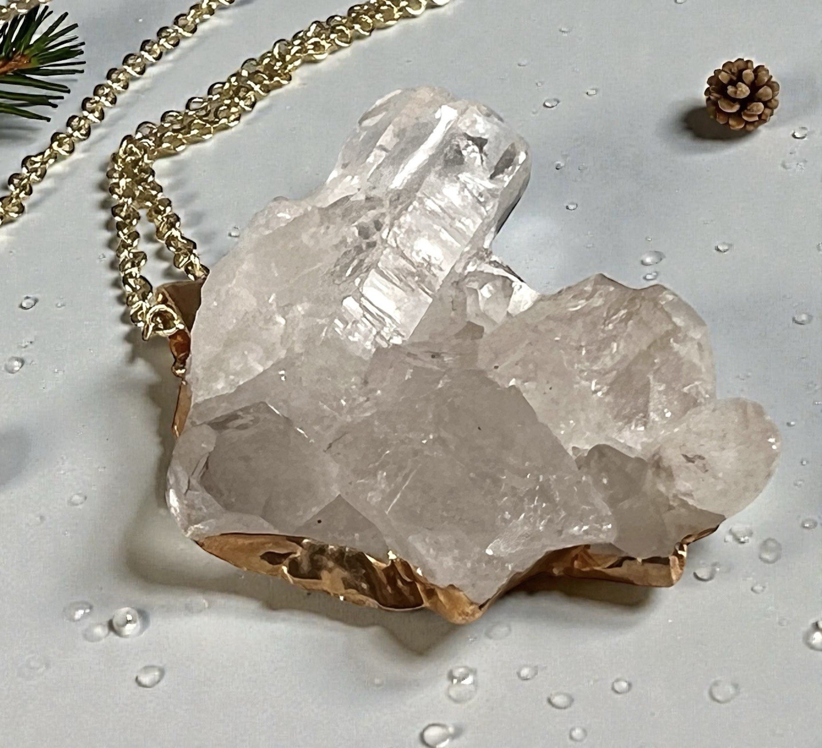 Semi Clear Quartz Cluster Pendant Necklace with a Gold-Toned Chain 32”