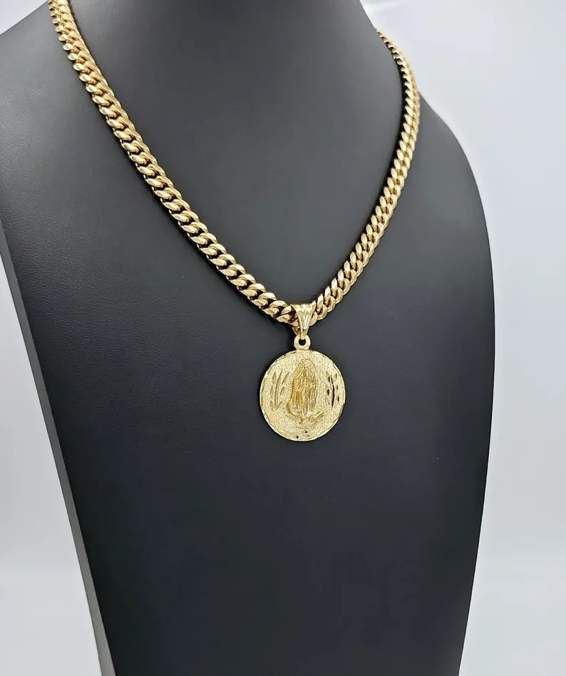 Gold Praying Hands Necklace, 7mm Curb Style Chain, 14k Heavy Plated Gold