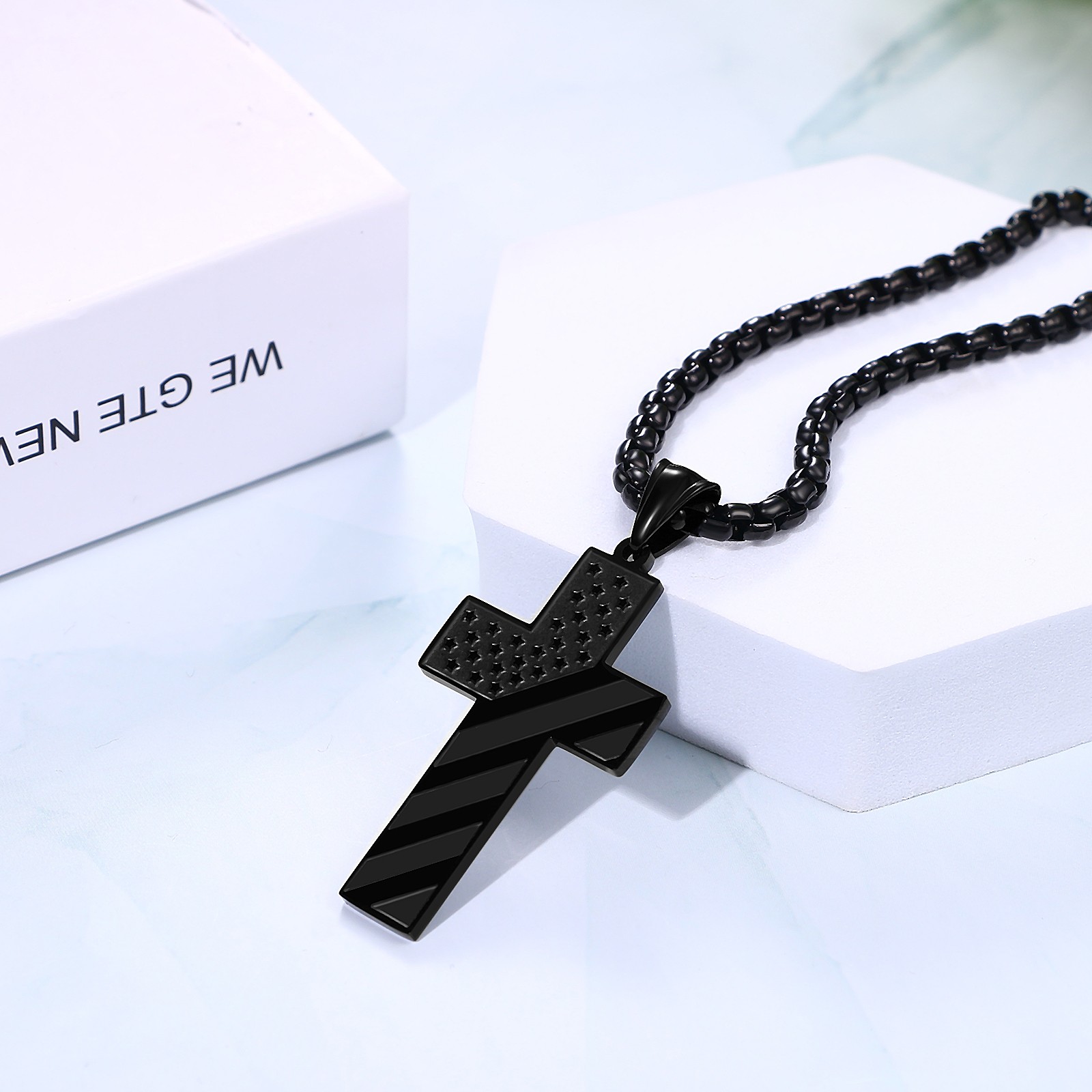 Mens Boys Inspirational Black American Flag Cross Pendant Bible Verse Necklace
