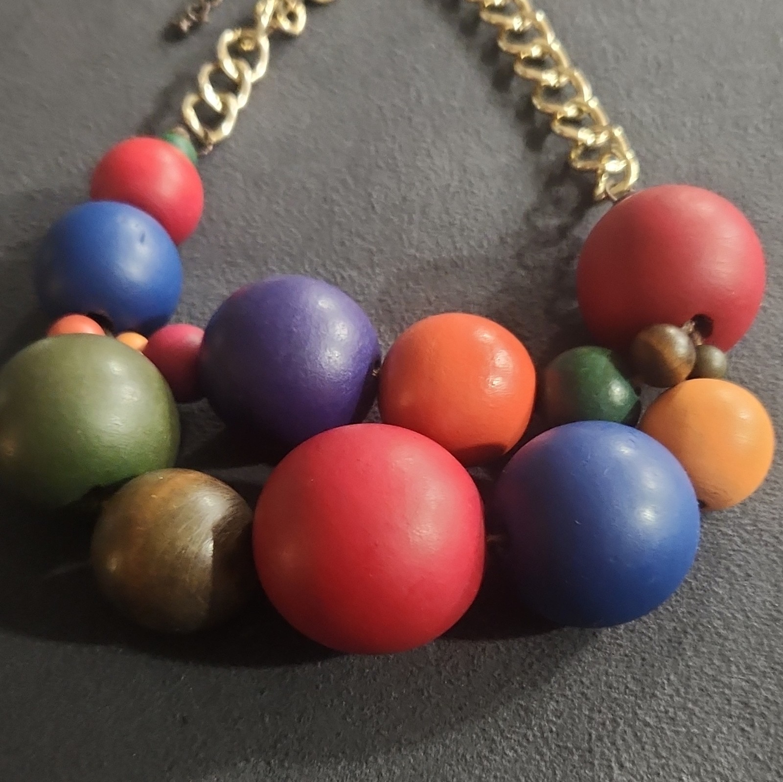 Multicolor Large Wood Bead Statement Necklace Cable Chain Adjustable Extender