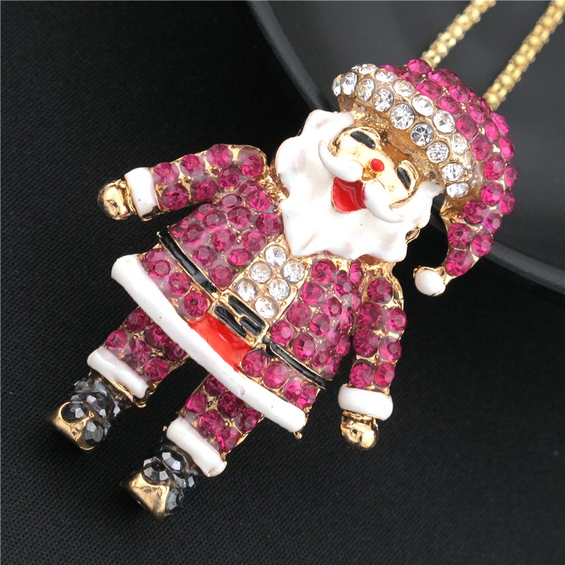 Fashion Women Pink Crystal Enamel Santa Claus Pendant Long Chain Necklace Gift