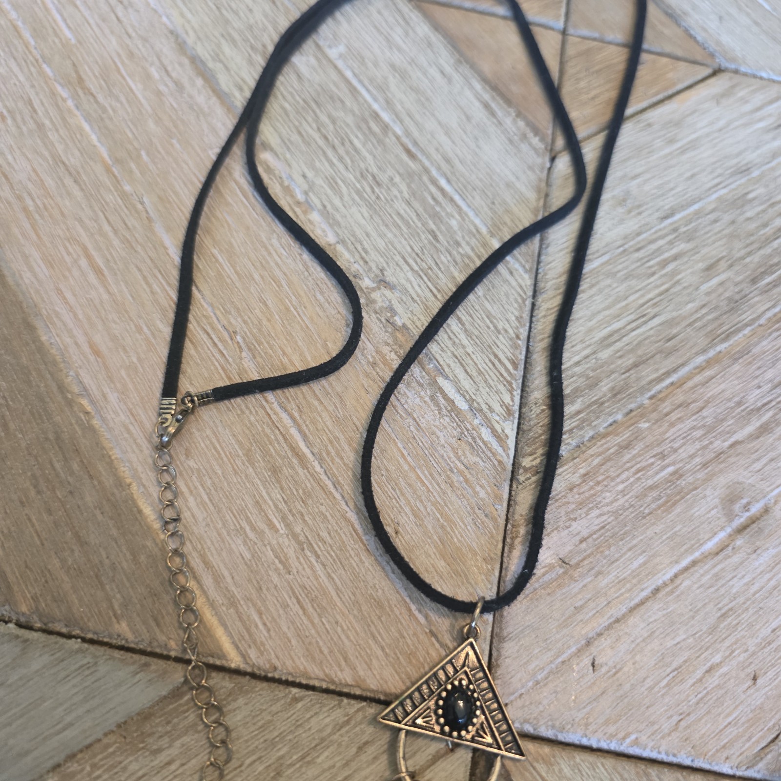 Tassel Fringe Pendant Black Color Faux Leather Long Necklace Gold Details
