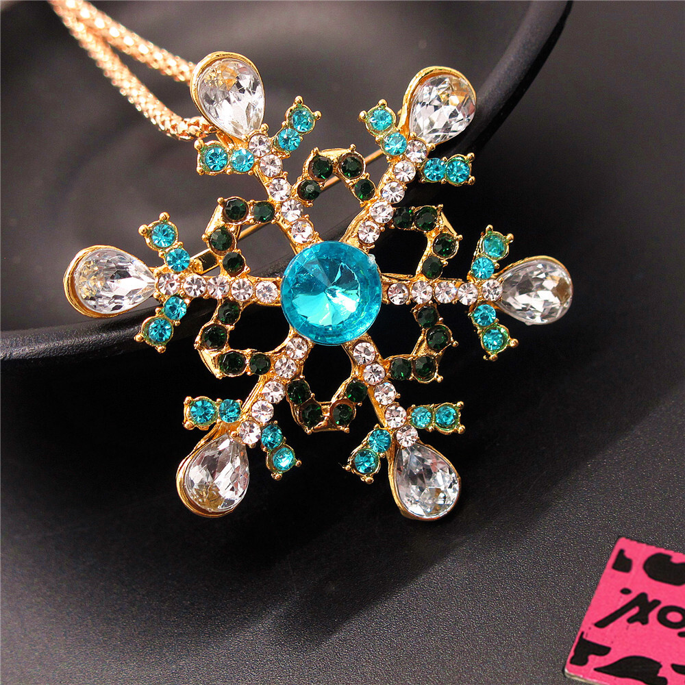Fashion Women Rhinestone Blue Christmas Snowflakes Pendant Chain Necklace