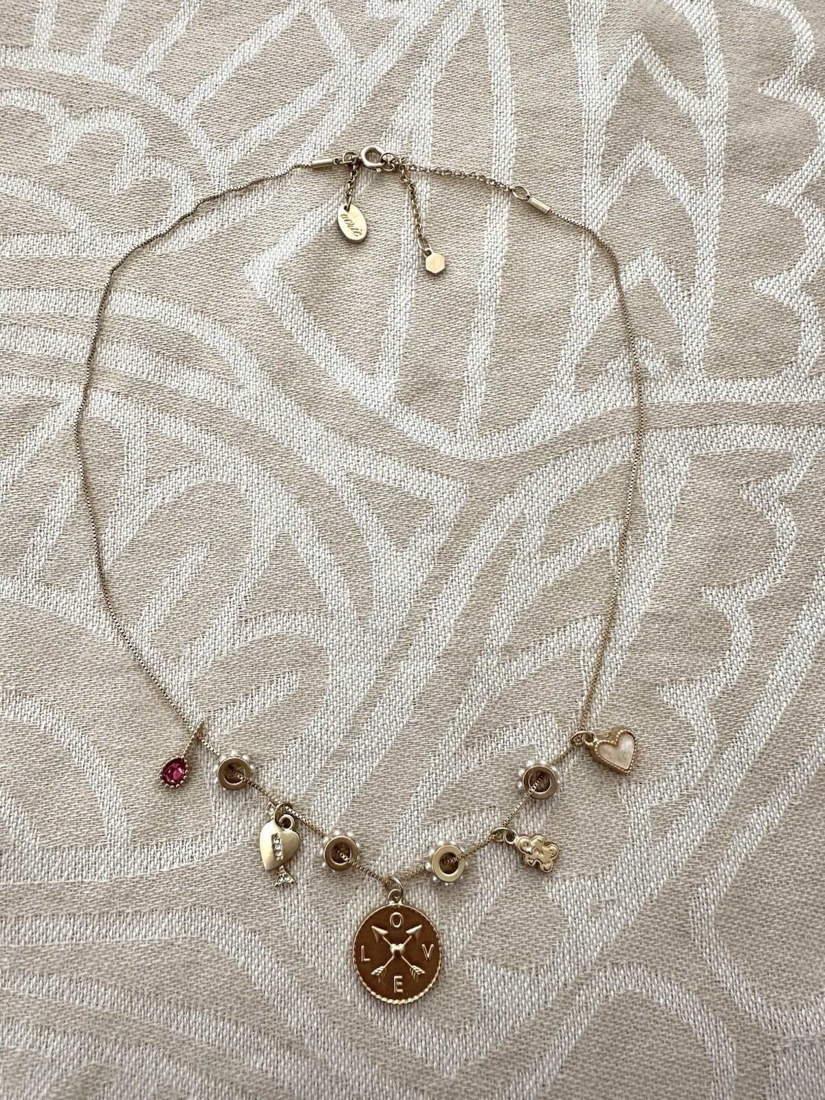 Aerie Gold Tone Charm Necklace Heart Teddy Bear LOVE Faux Pearl Adjustable 18-21