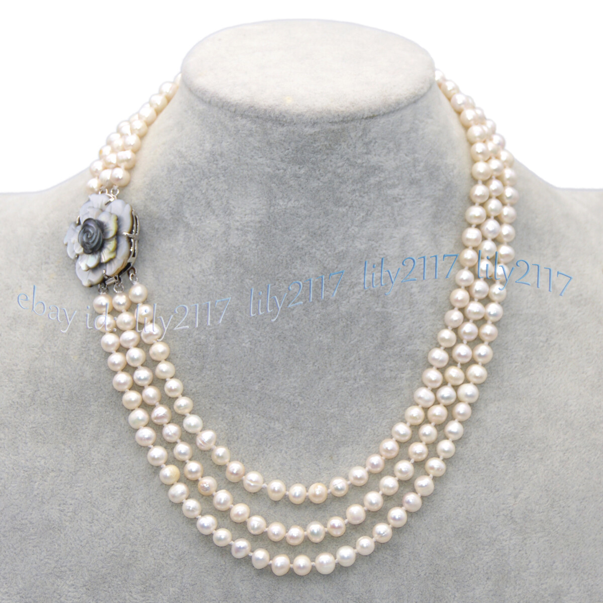 3Rows Natural 6-7mm Akoya Freshwater Cultured White Pearl Beads Necklace 17-19”