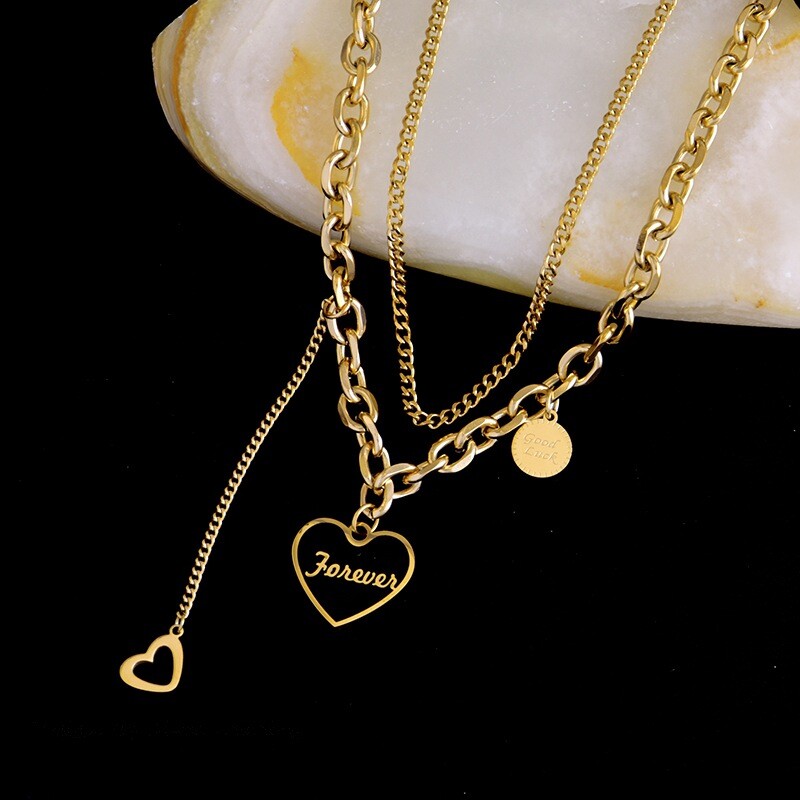 Woman 18K Gold Plated Stainless Steel 2 Layers Enamel Heart Charm Chain Necklace