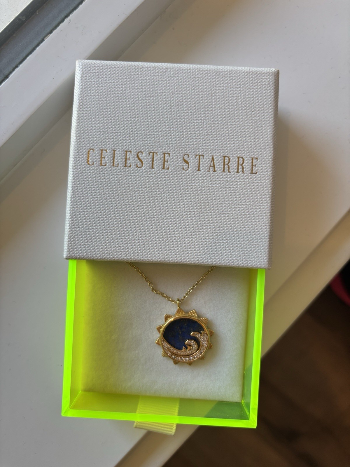 Celeste Starre Perfect Wave Necklace Lapis Lazuli Sun Cubic Zirconia Gold Plated
