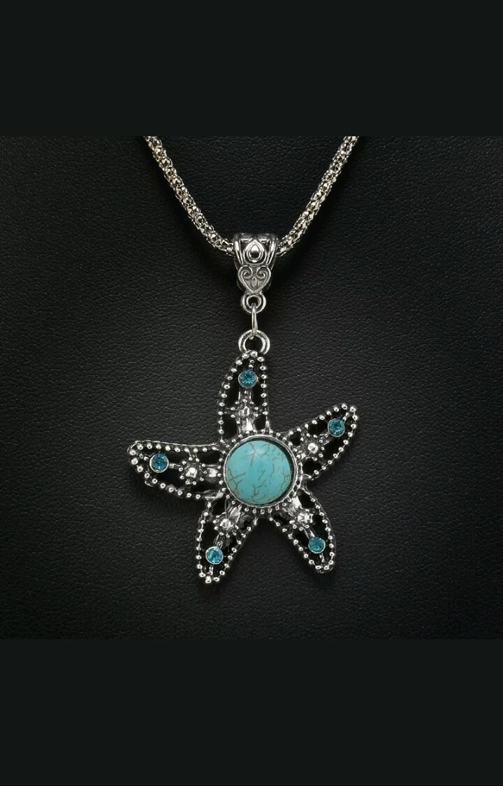 Vintage Tibetan Silver Turquoise Crystal Starfish Pendant Necklace