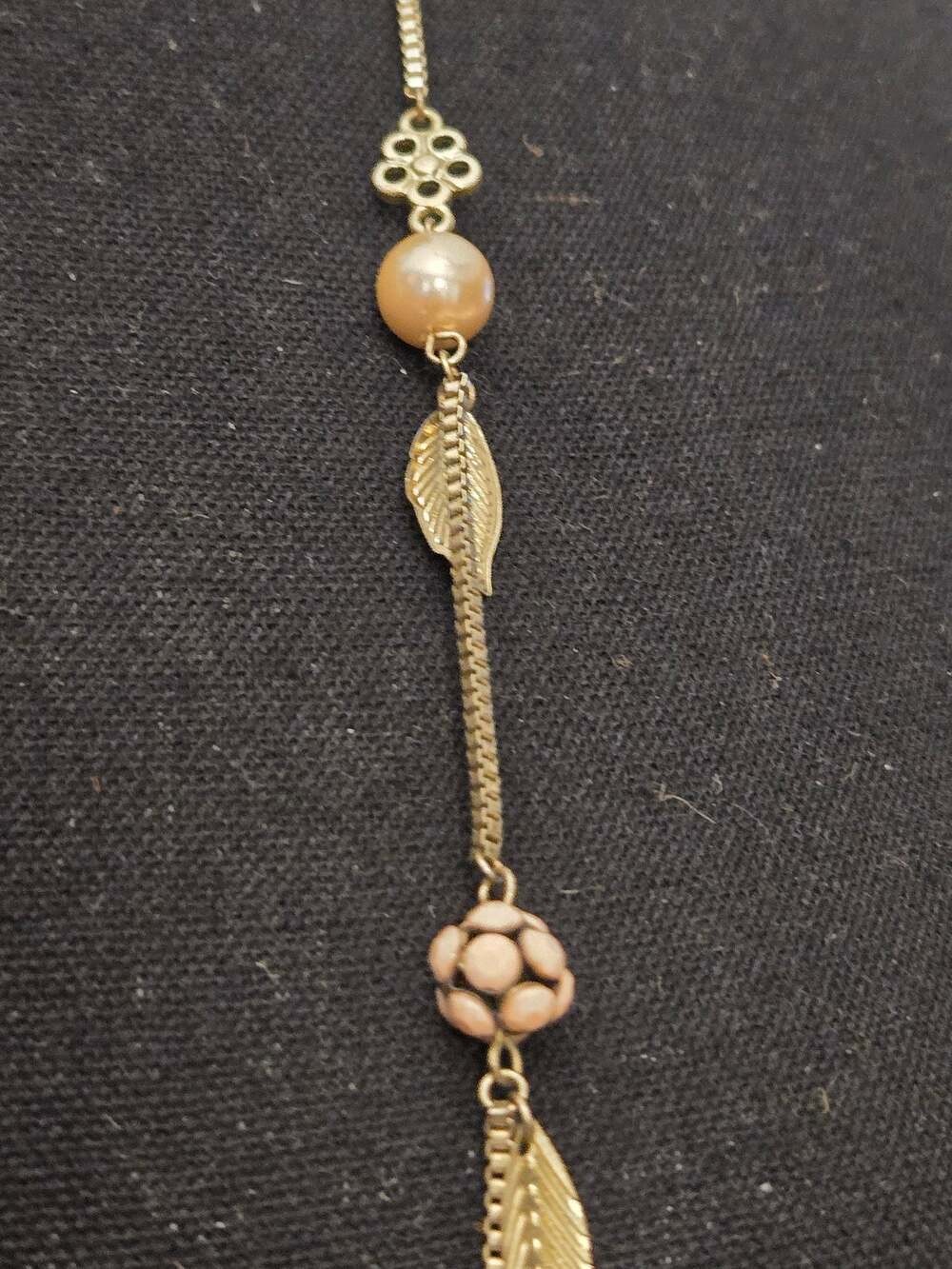 Gold Tone Floral and Pearl Beaded Long Necklace