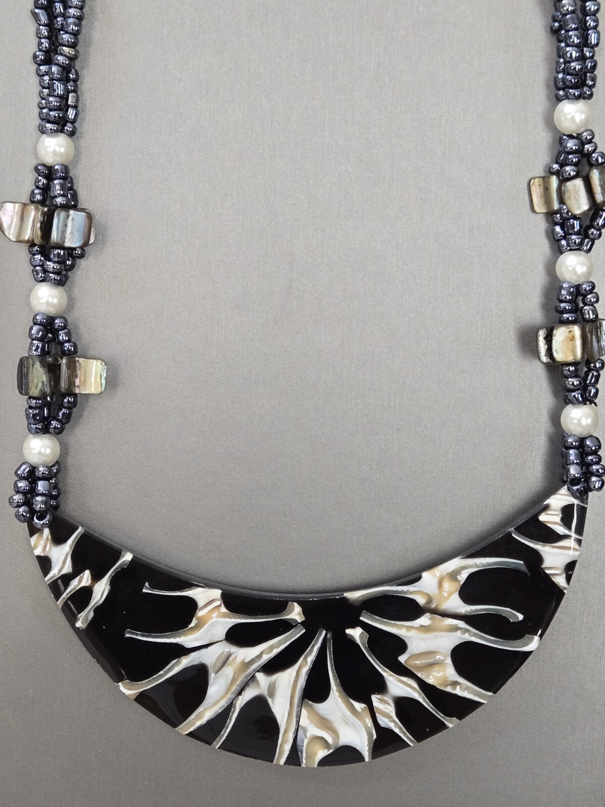 Black Beaded Moon Shell Multi Strand Necklace 22 Inches