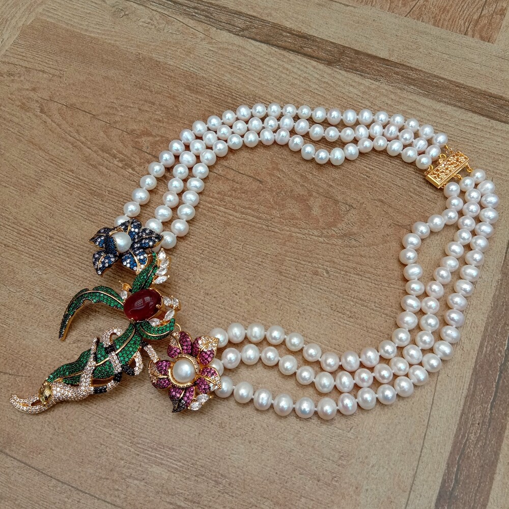 3 Strands Cultured White Pearl Cubic Zirconia Pave Pendant Statement Necklace
