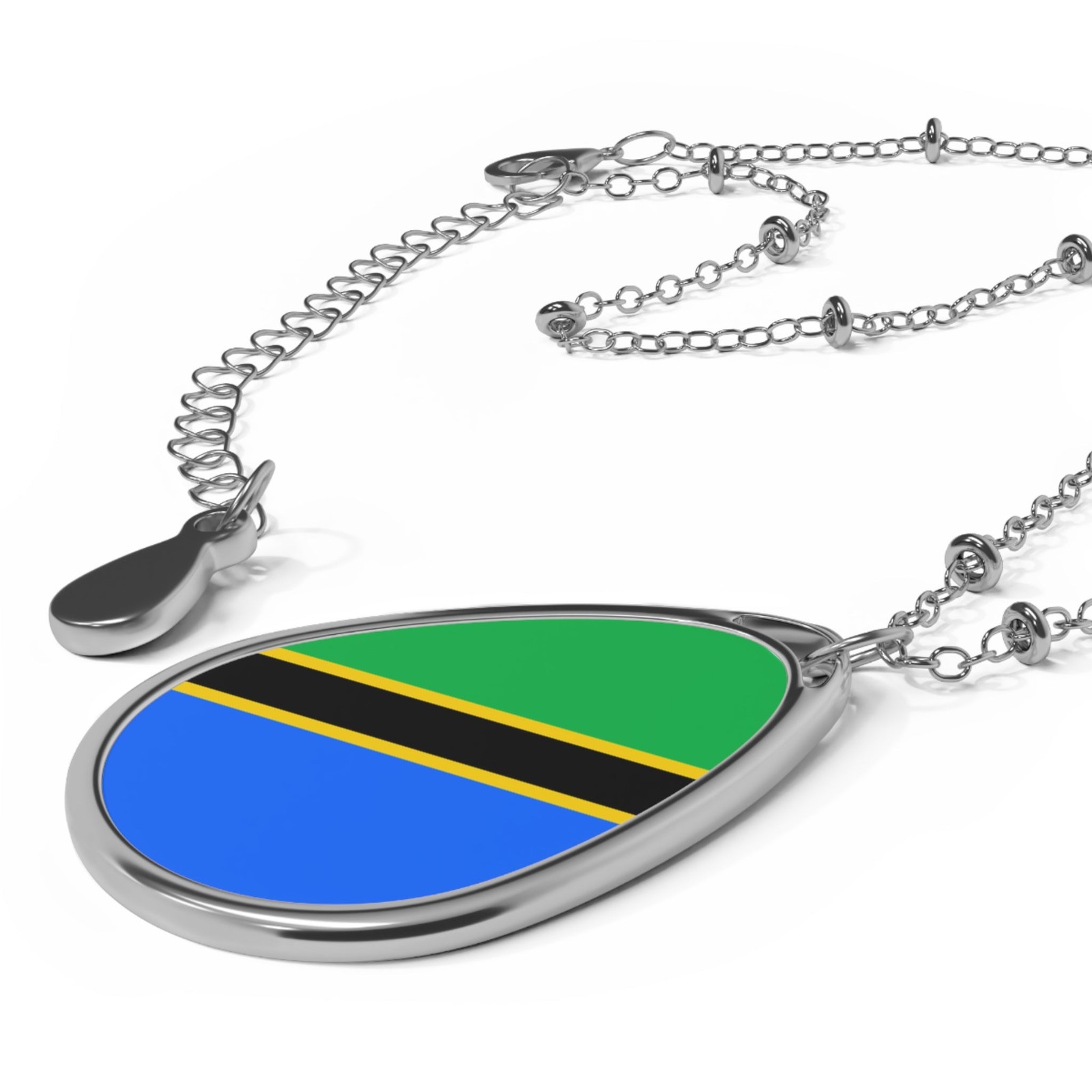 Tanzania Flag Oval Necklace – Zinc Alloy Pendant – One Size / Silver