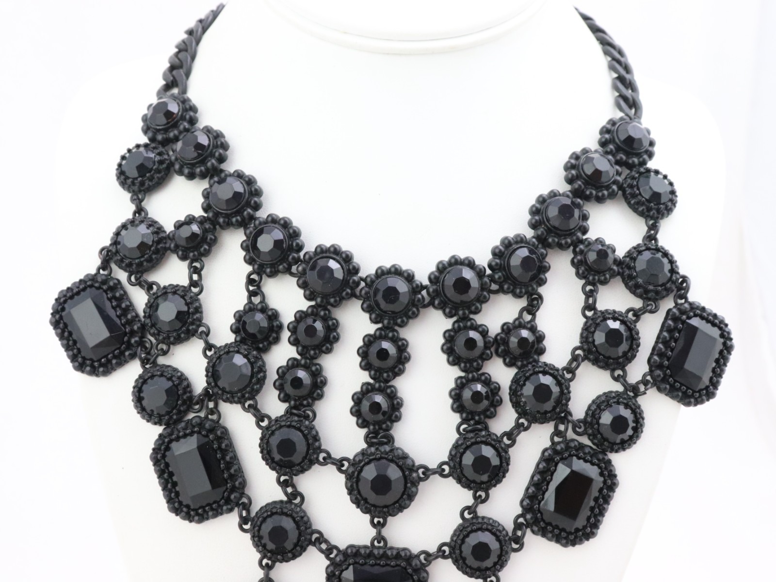 17-20″ ZARA Black Crystal Glass Rhinestone Bib Metal Chain Necklace