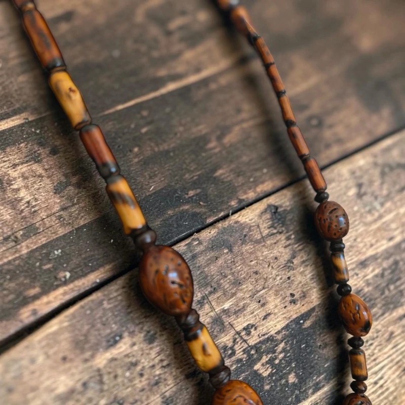 Vintage Carved Pit & Bamboo Statement Necklace – 78cm Long Boho Unique Wooden