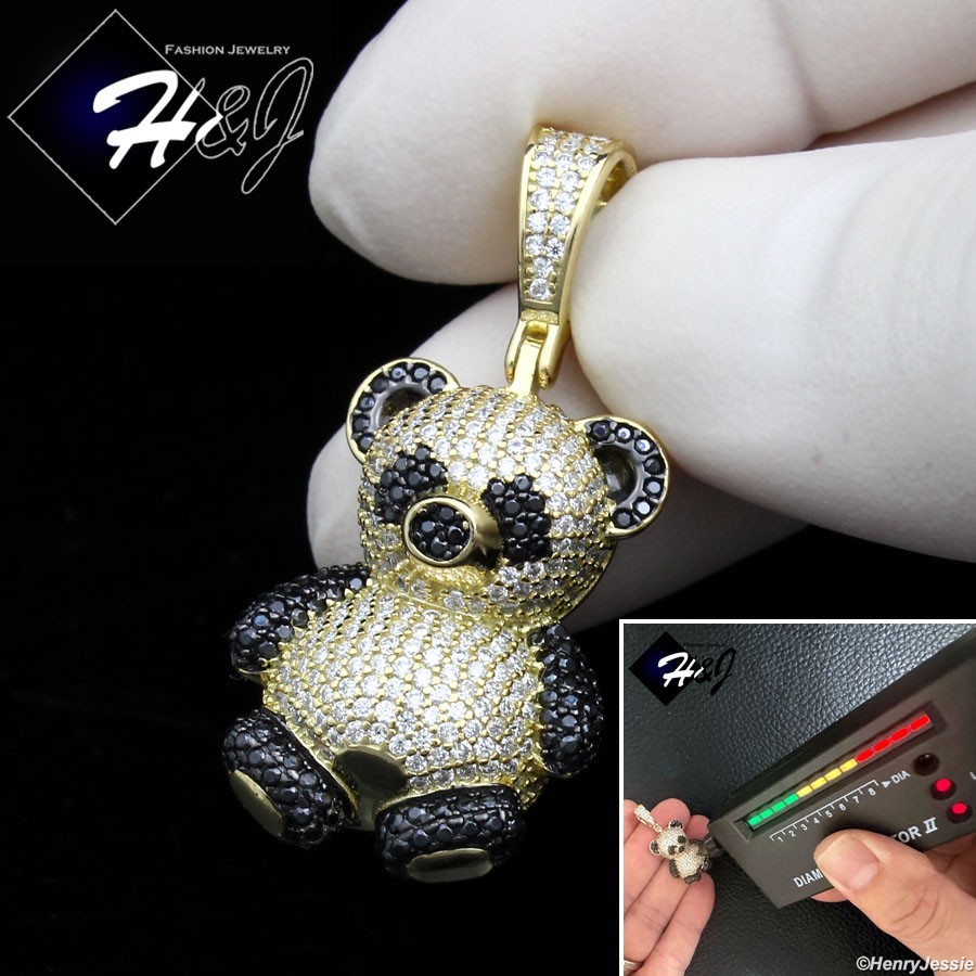 925 STERLING SILVER BLACK/CLEAR MOISSANITE 3D GOLD PLATED PANDA PENDANT*MGP554