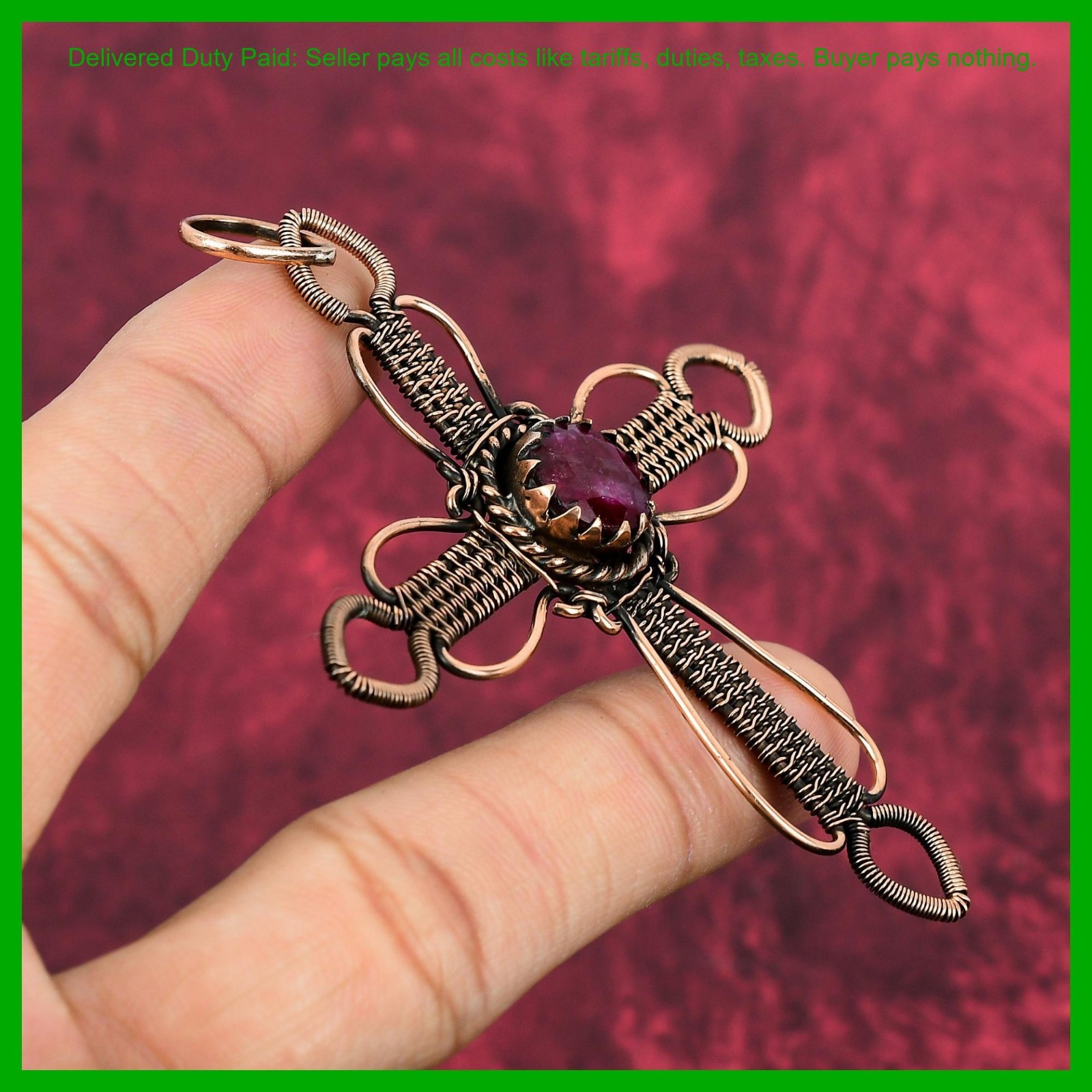 Kashmir Rubi Stone Wedding Wire Wrapped Cross Anniversary Pendant Jewelry Copper