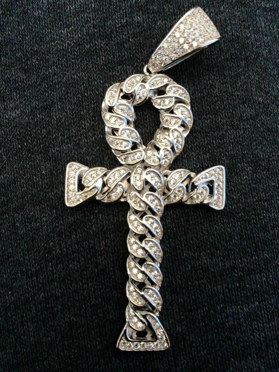 Ankh Cuban Link Cross 14k Gold Plated Solid 925 Sterling Silver Pendant 1ct CZ