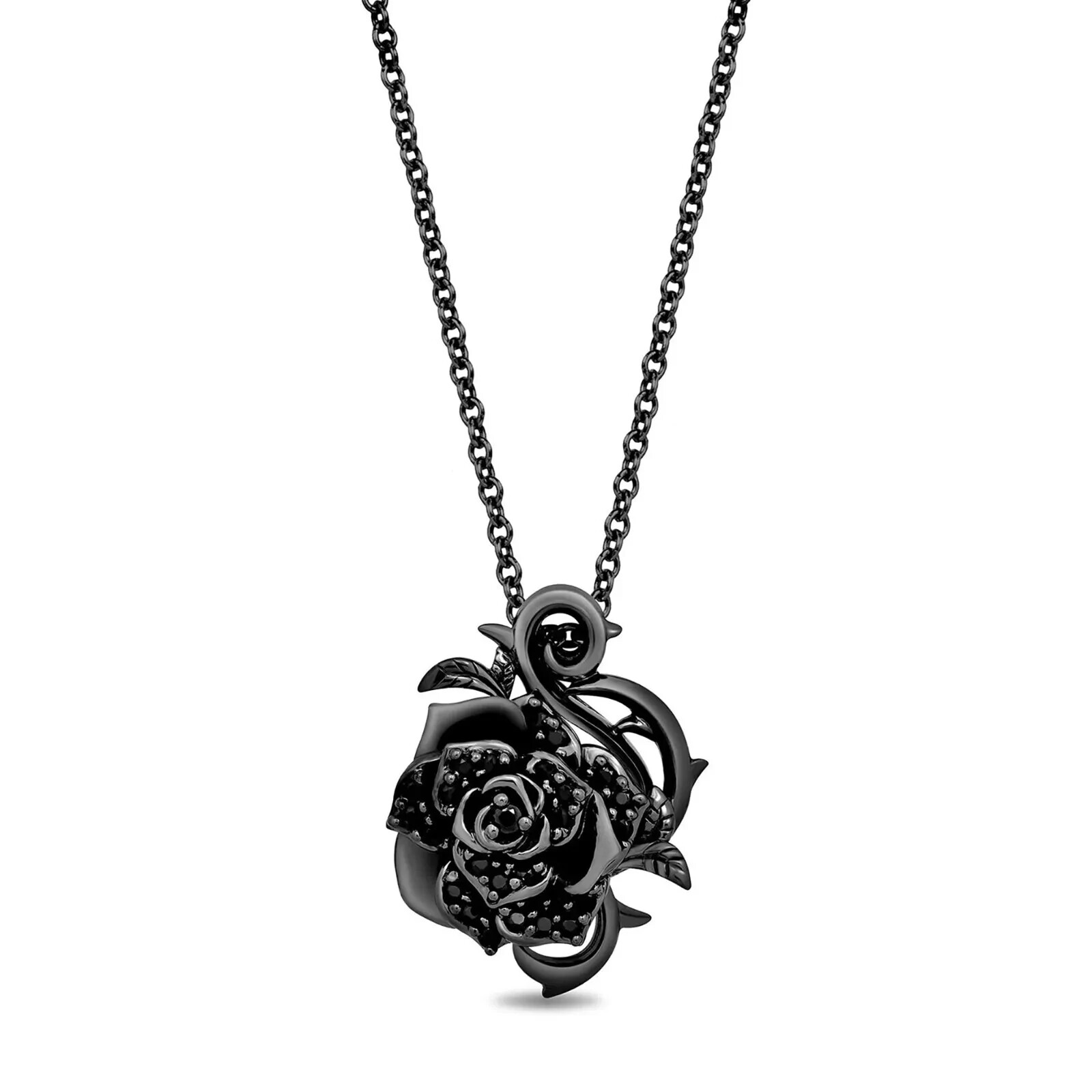 Black Simulated Diamond 925 Silver Women 18mm Rose Pendant Necklace
