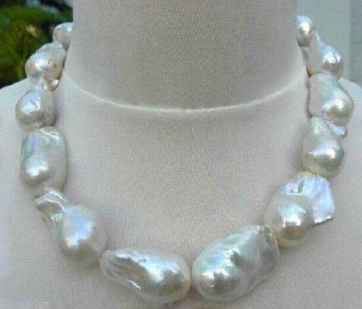 Rare 15-25MM SOUTH SEA REAL NATURAL WHITE BAROQUE PEARL NECKLACE JEWELRY 16-36″