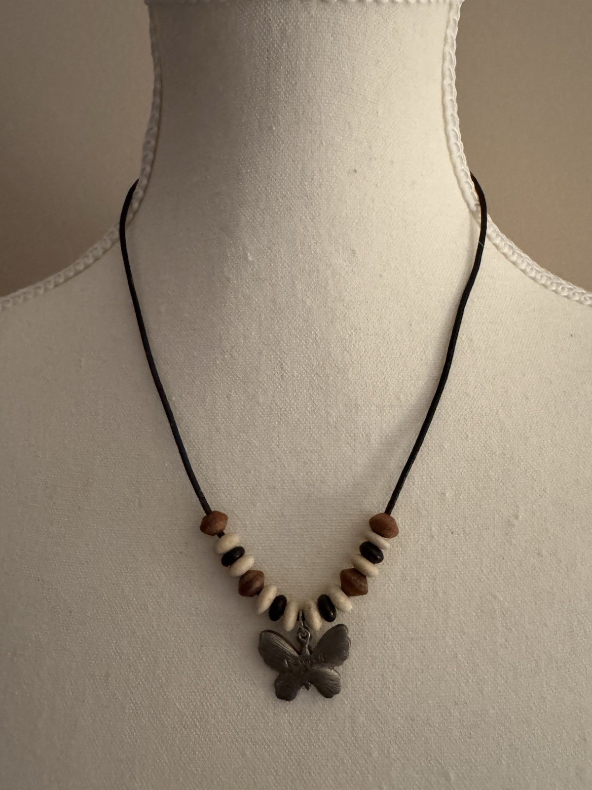 Beaded Necklace – Signed Pewter Butterfly Charm Pendant Cord Brown/Black Rustic